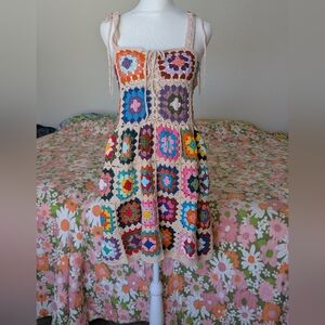 Vintage Style Retro Granny Square Colorful Crochet Patchwork Crochet Dress